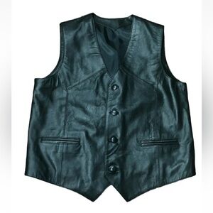 90’s Moroccan Custom Handmade Leather Vest Black Back Belt Pockets Men's